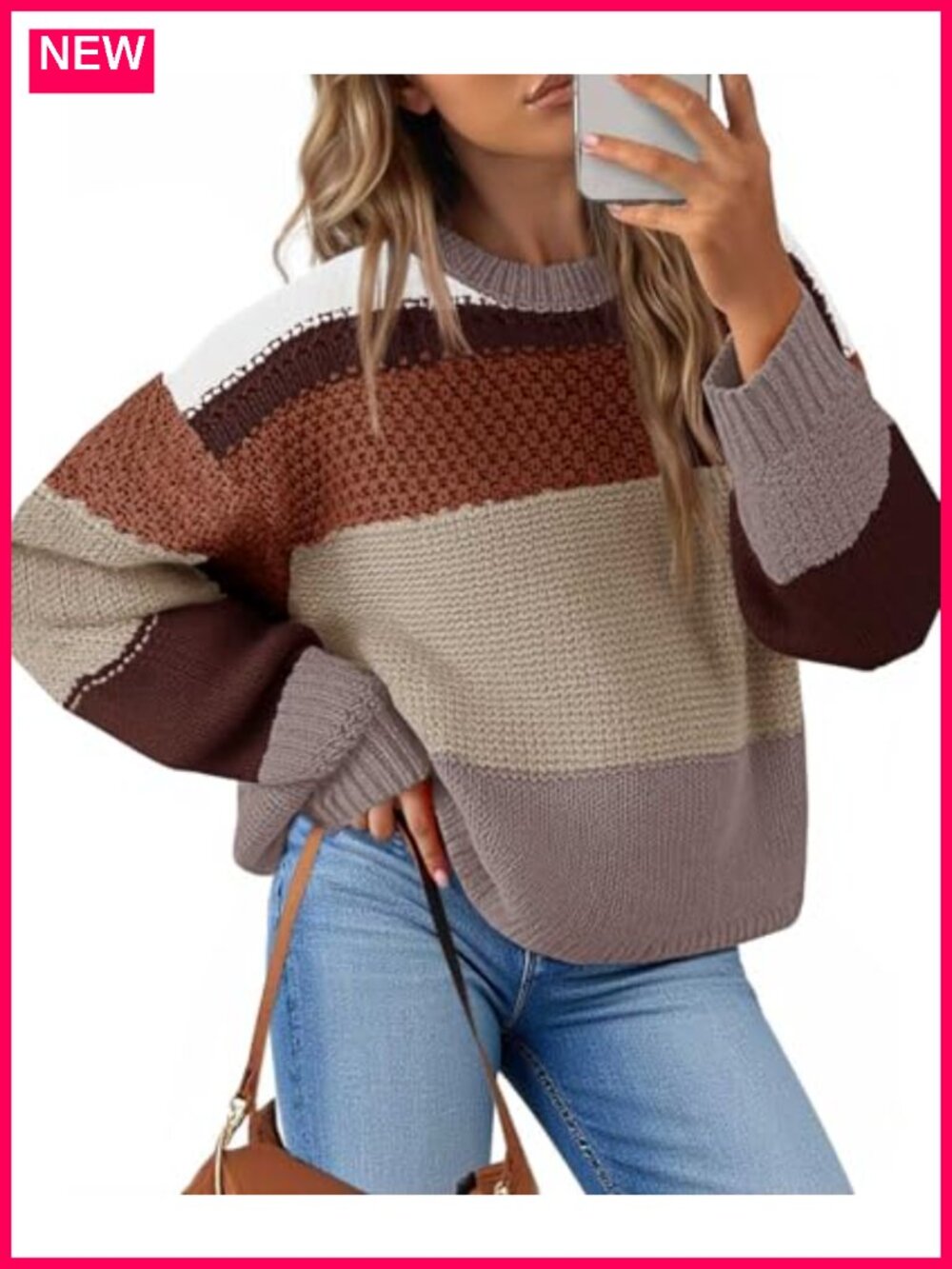 Womens Cropped Sweater Color Block Striped Pullover Crew Neck Long Sleeve